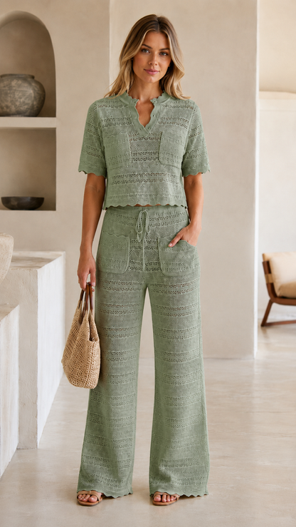 Crochet Knit Crop Top & Wide-Leg Pants Set