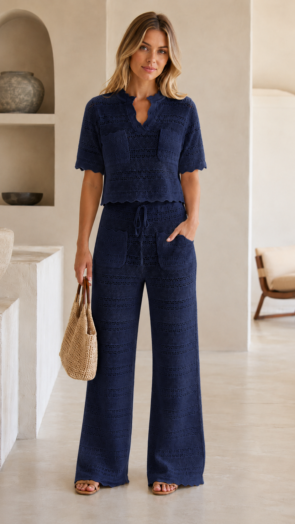 Crochet Knit Crop Top & Wide-Leg Pants Set