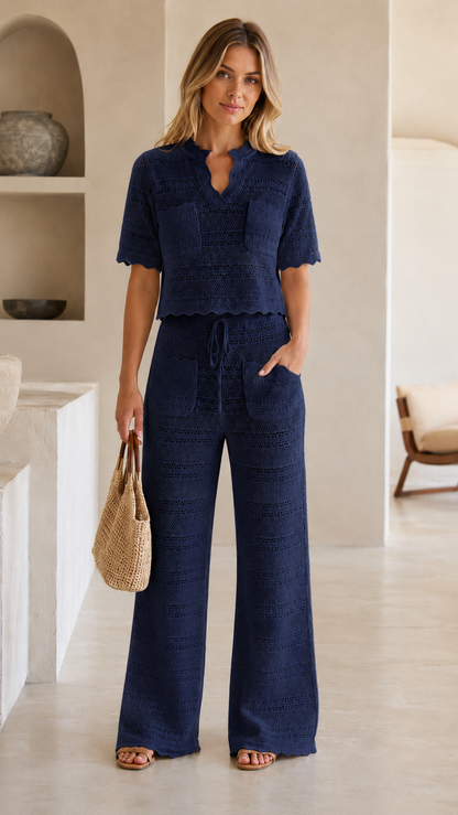 Crochet Knit Crop Top & Wide-Leg Pants Set