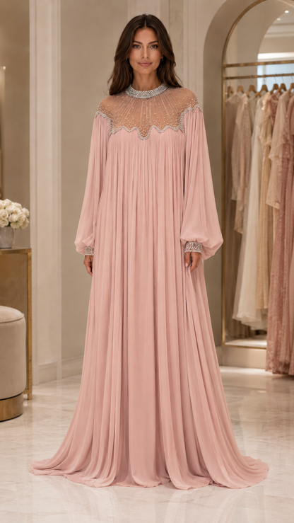 Embellished Pleated Chiffon Maxi Gown