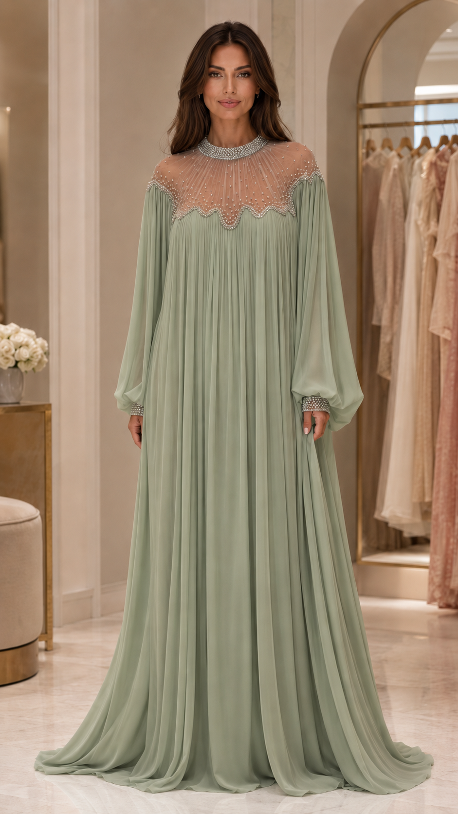 Embellished Pleated Chiffon Maxi Gown