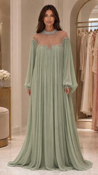 Embellished Pleated Chiffon Maxi Gown