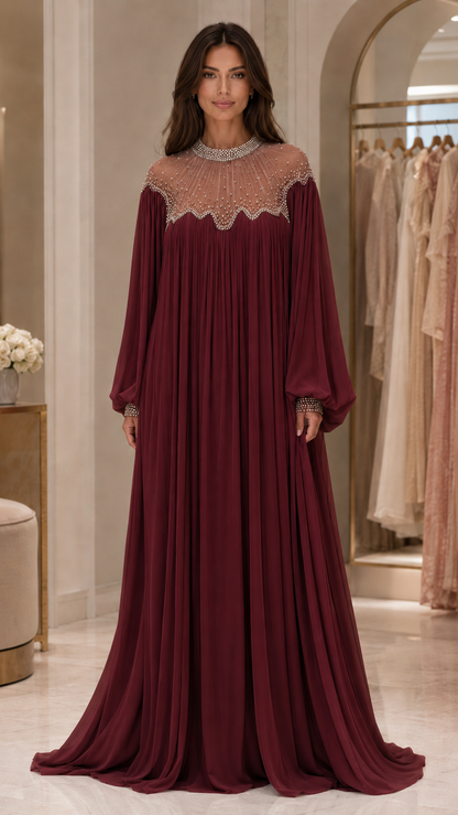 Embellished Pleated Chiffon Maxi Gown