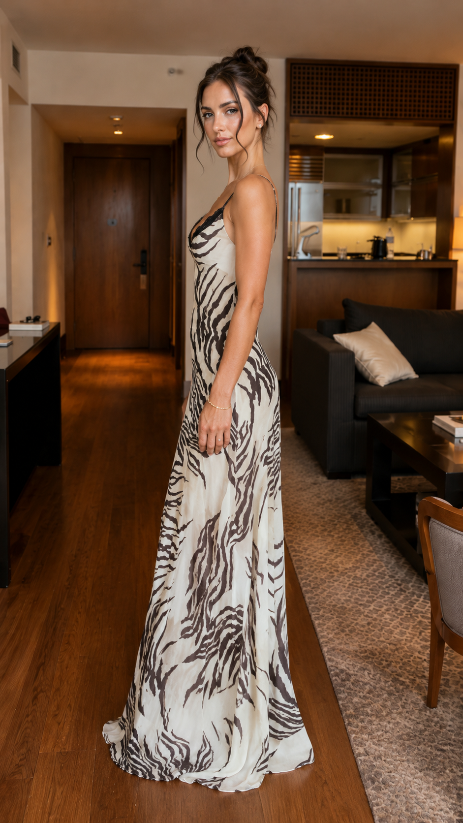 Animal Print Lace Trim Maxi Slip Dress