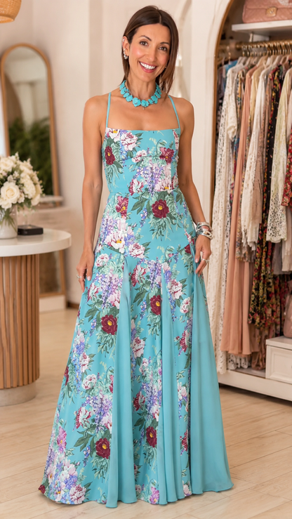 Lace-Up Back Floral Maxi Dress