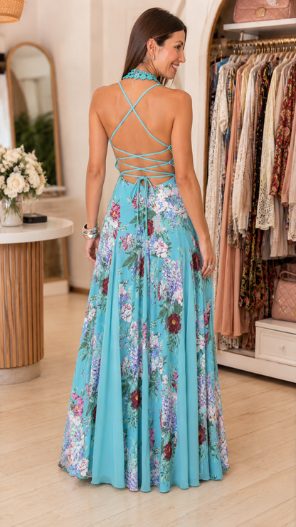 Lace-Up Back Floral Maxi Dress