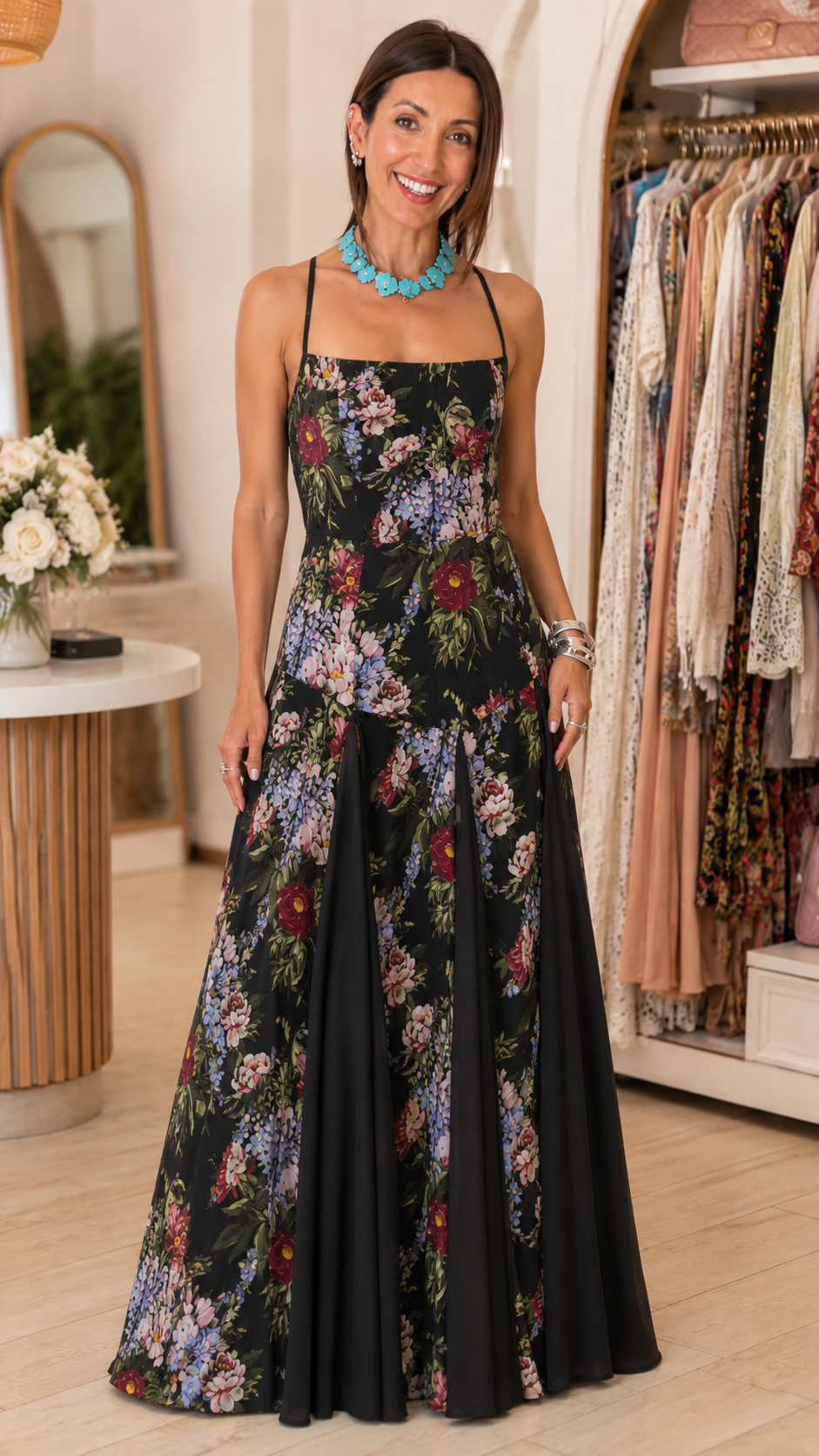 Lace-Up Back Floral Maxi Dress