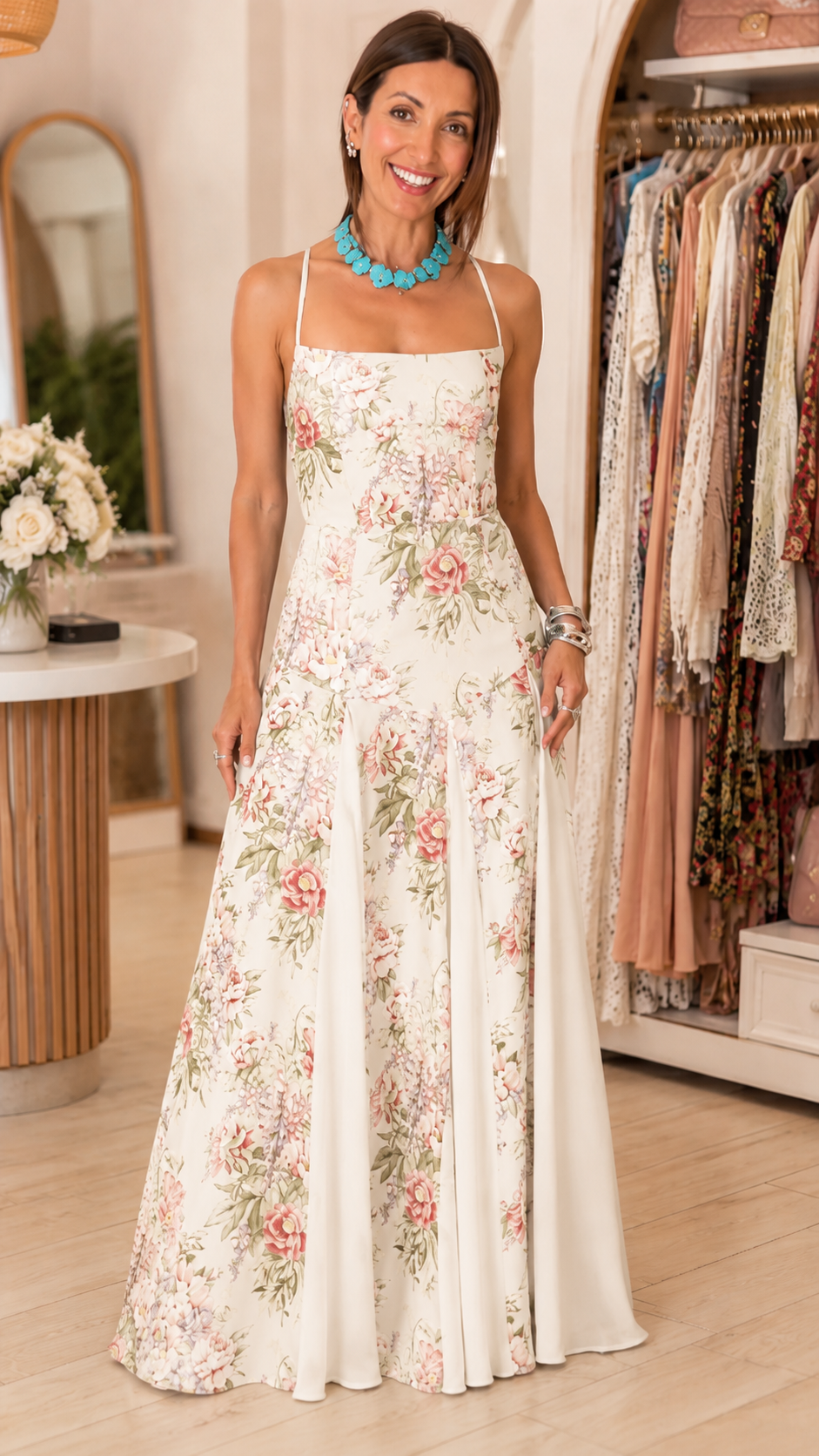 Lace-Up Back Floral Maxi Dress