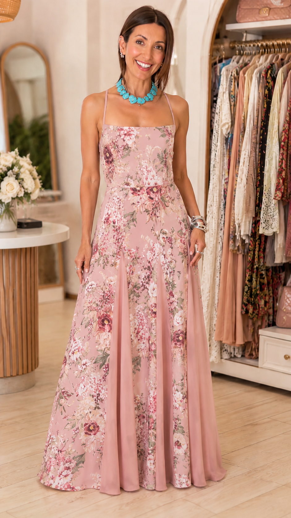 Lace-Up Back Floral Maxi Dress