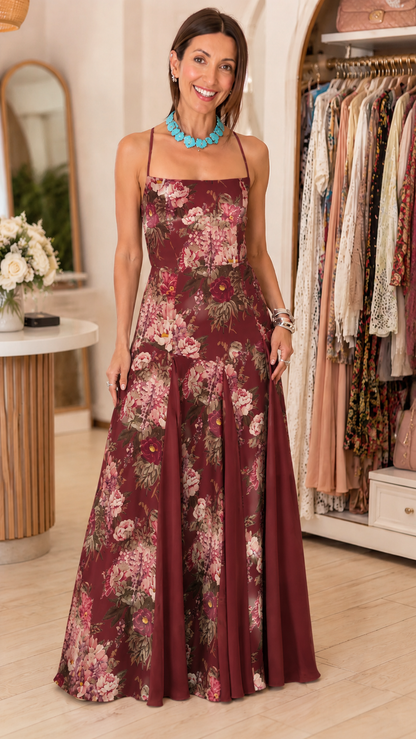 Lace-Up Back Floral Maxi Dress