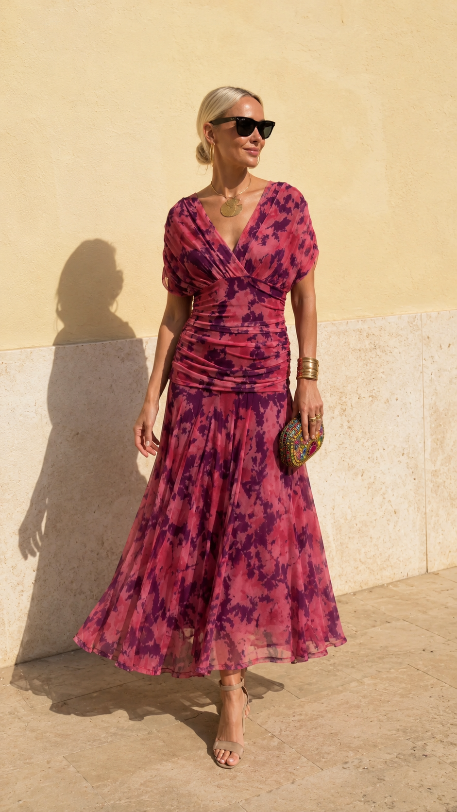 Ruched V-Neck Printed Chiffon Midi Dress