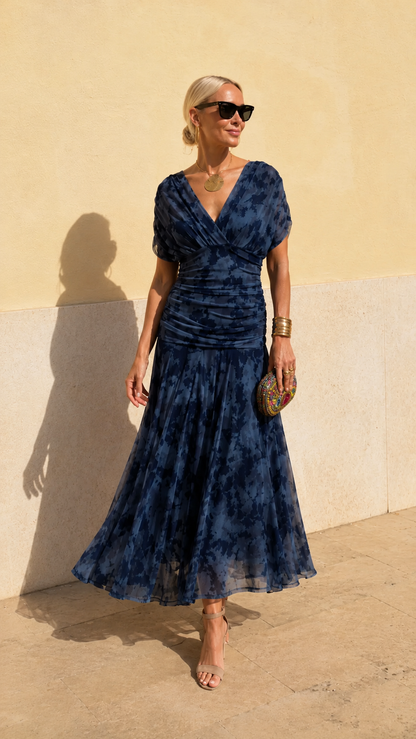 Ruched V-Neck Printed Chiffon Midi Dress