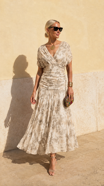 Ruched V-Neck Printed Chiffon Midi Dress
