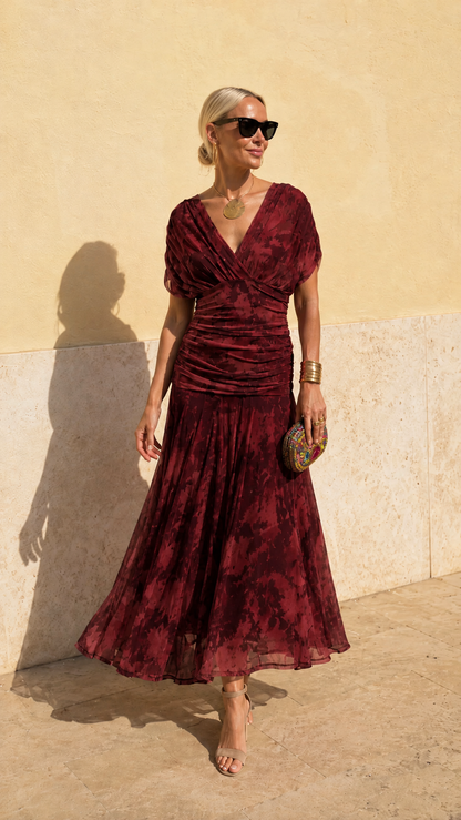 Ruched V-Neck Printed Chiffon Midi Dress