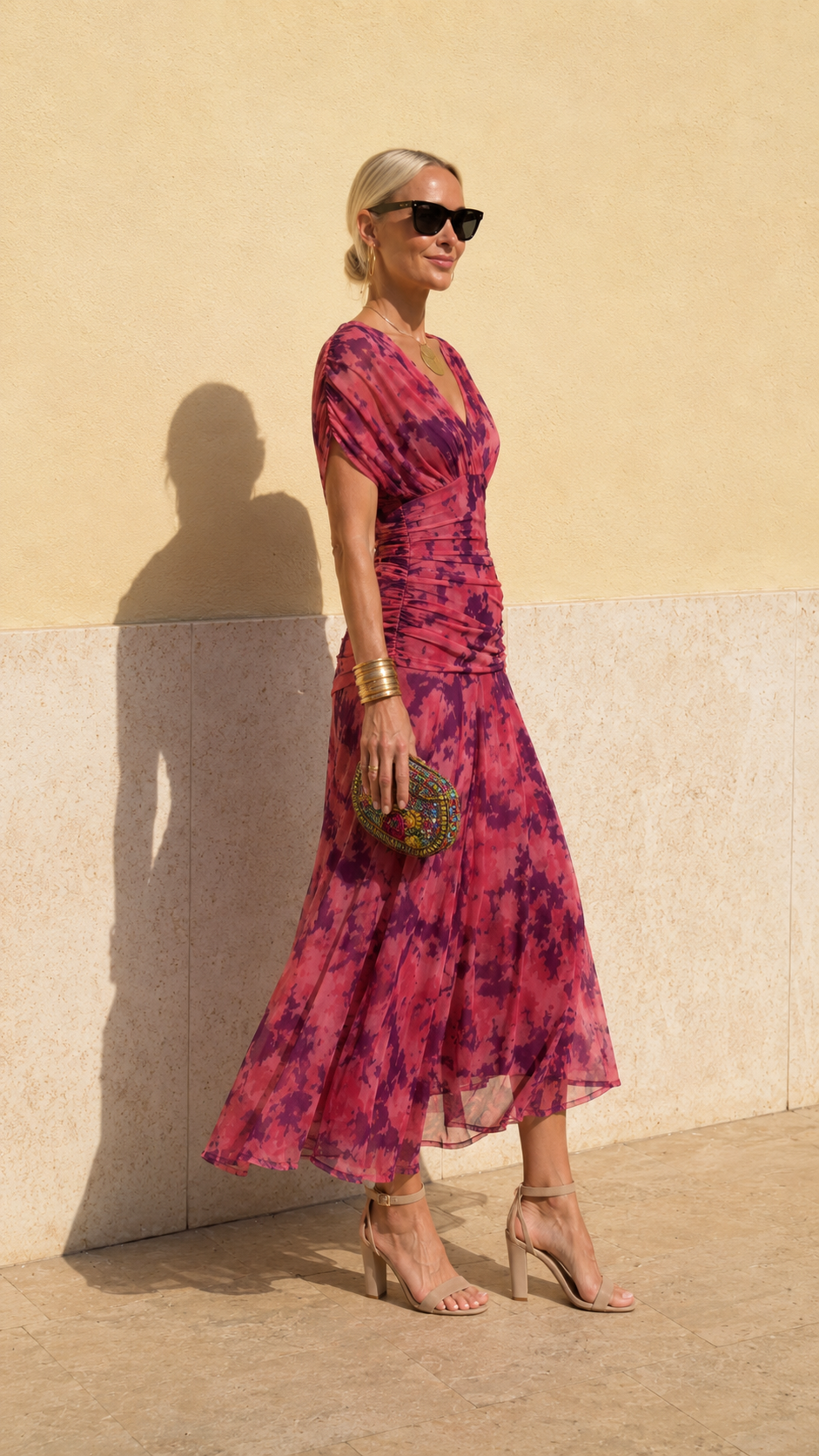 Ruched V-Neck Printed Chiffon Midi Dress