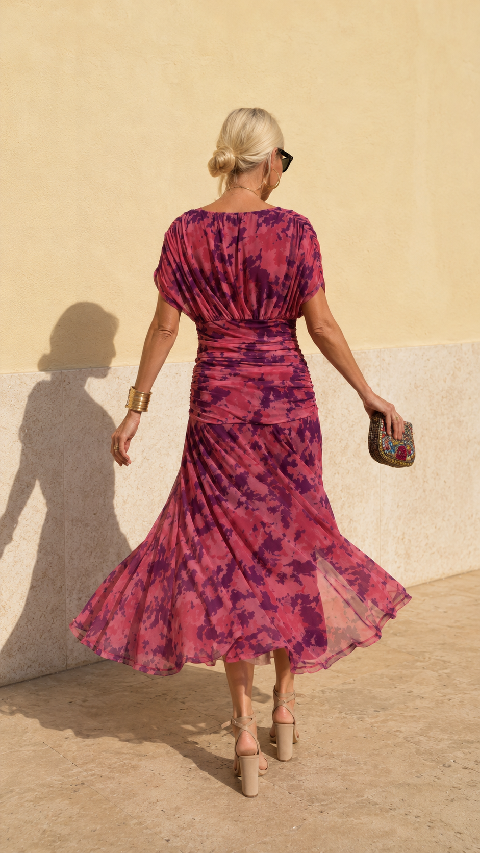 Ruched V-Neck Printed Chiffon Midi Dress