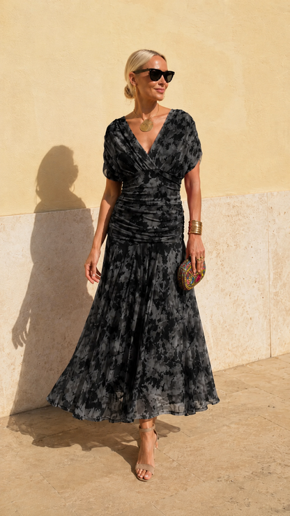 Ruched V-Neck Printed Chiffon Midi Dress