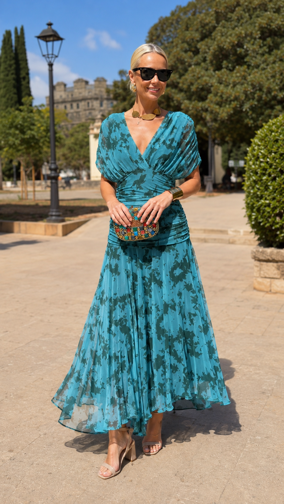 Ruched V-Neck Printed Chiffon Midi Dress