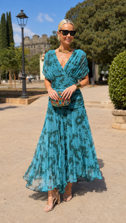 Ruched V-Neck Printed Chiffon Midi Dress
