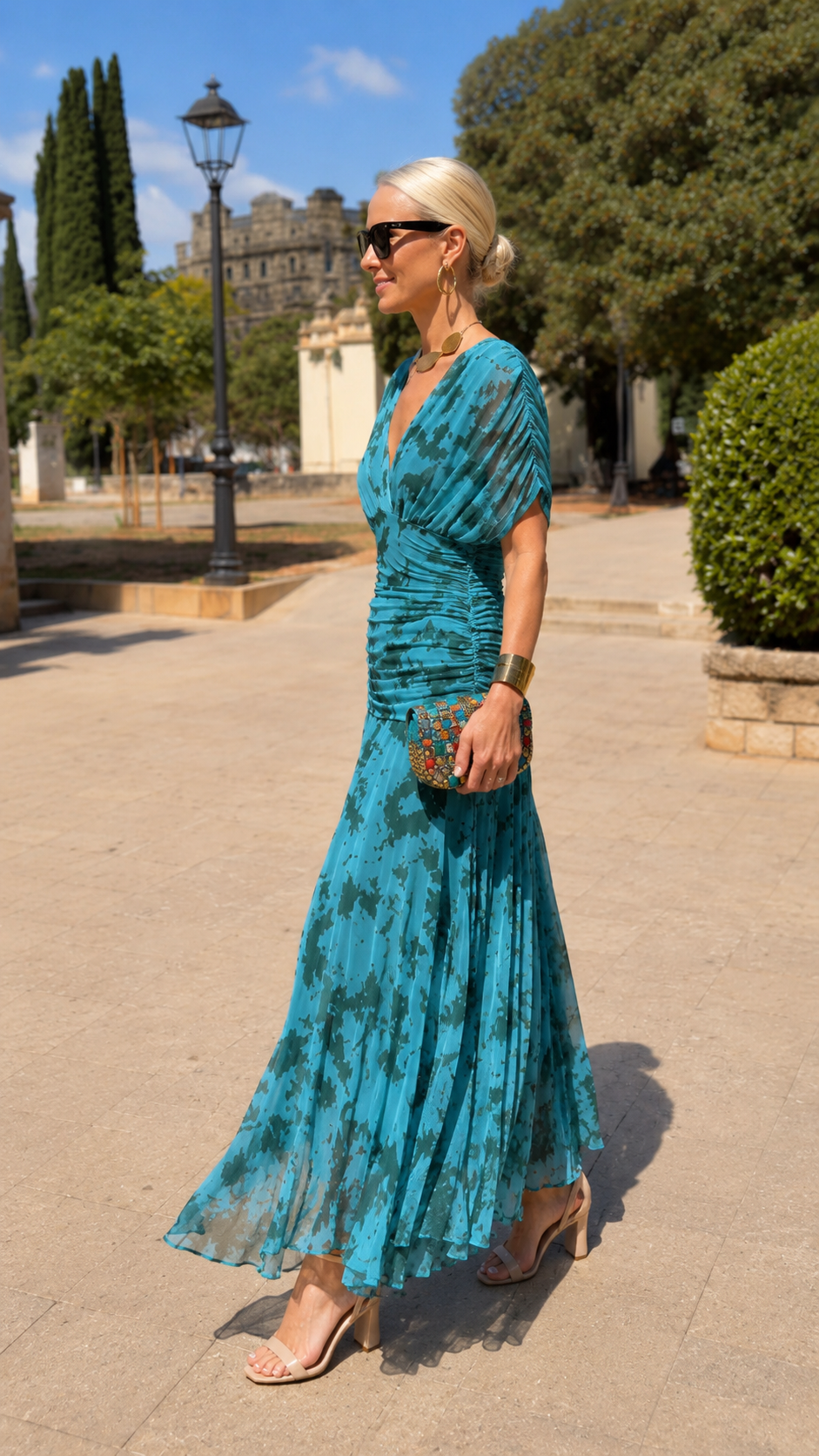 Ruched V-Neck Printed Chiffon Midi Dress