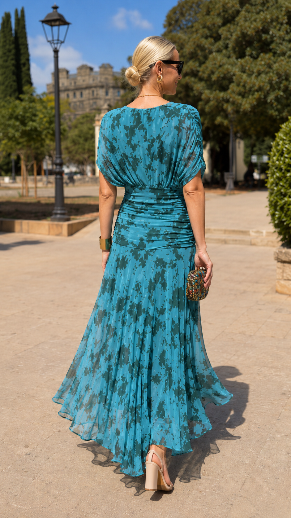 Ruched V-Neck Printed Chiffon Midi Dress