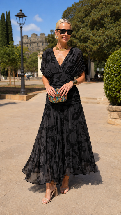 Ruched V-Neck Printed Chiffon Midi Dress