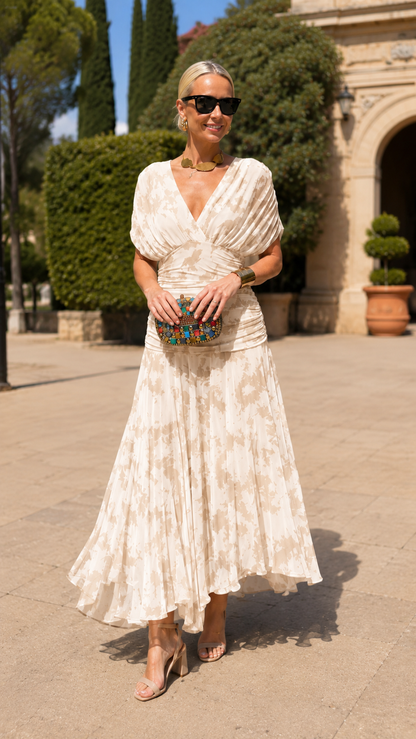 Ruched V-Neck Printed Chiffon Midi Dress