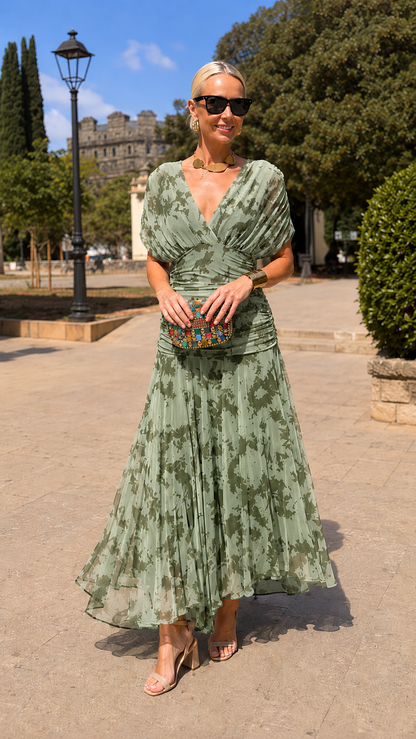 Ruched V-Neck Printed Chiffon Midi Dress