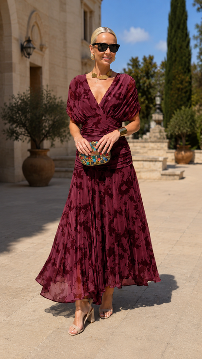 Ruched V-Neck Printed Chiffon Midi Dress
