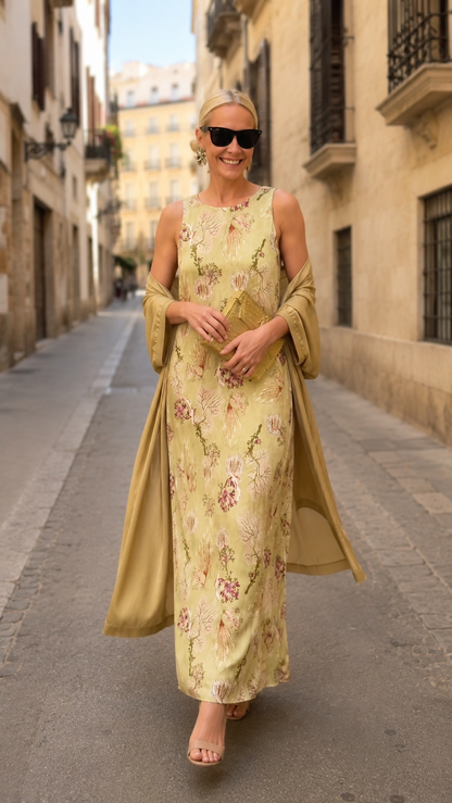 Sleeveless Printed Maxi Dress with Matching Long Duster
