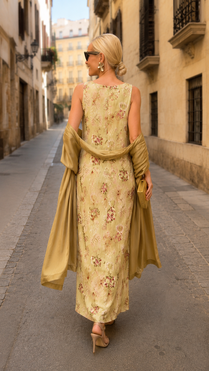 Sleeveless Printed Maxi Dress with Matching Long Duster