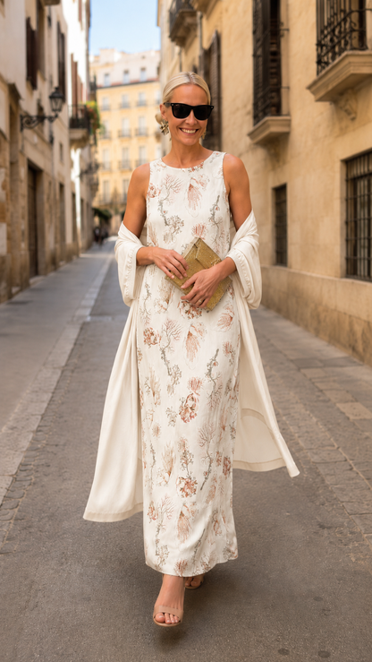 Sleeveless Printed Maxi Dress with Matching Long Duster