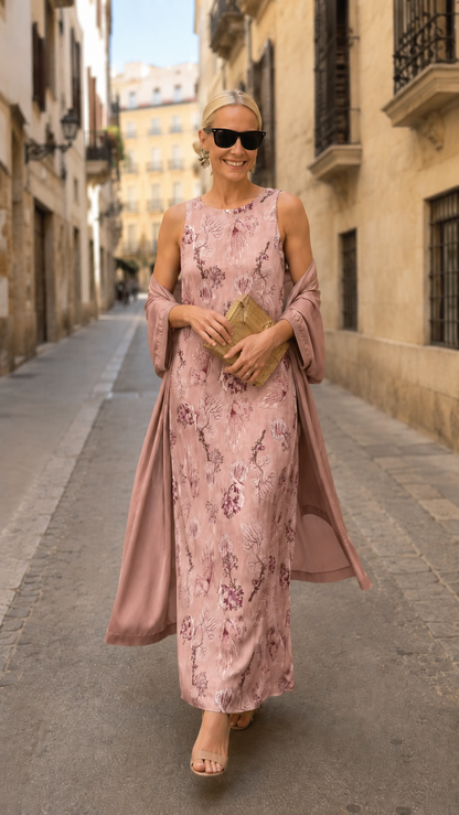 Sleeveless Printed Maxi Dress with Matching Long Duster