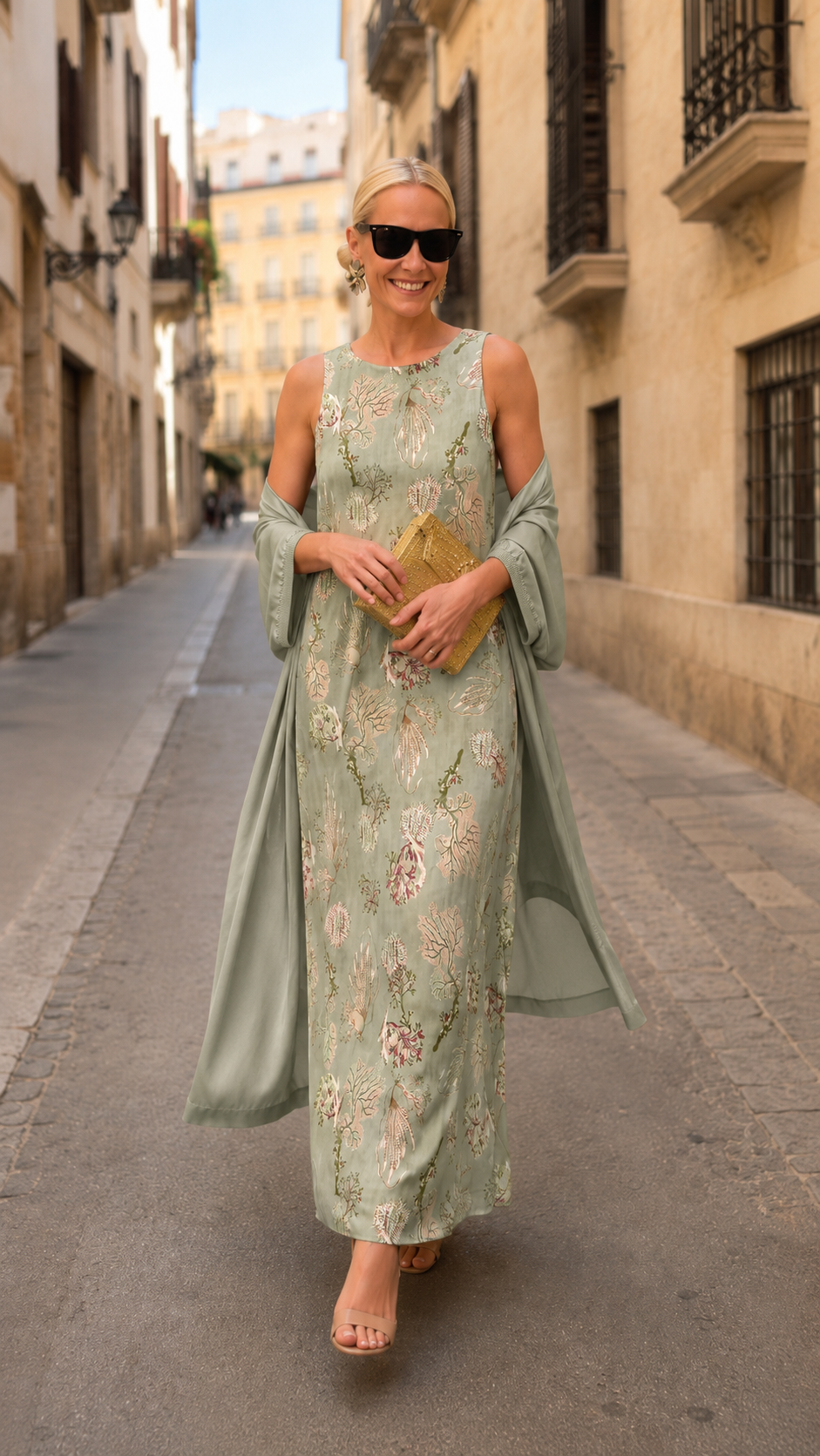 Sleeveless Printed Maxi Dress with Matching Long Duster