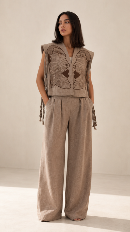 Embroidered Face Motif Vest & Wide-Leg Pants Set