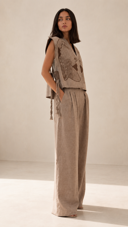 Embroidered Face Motif Vest & Wide-Leg Pants Set