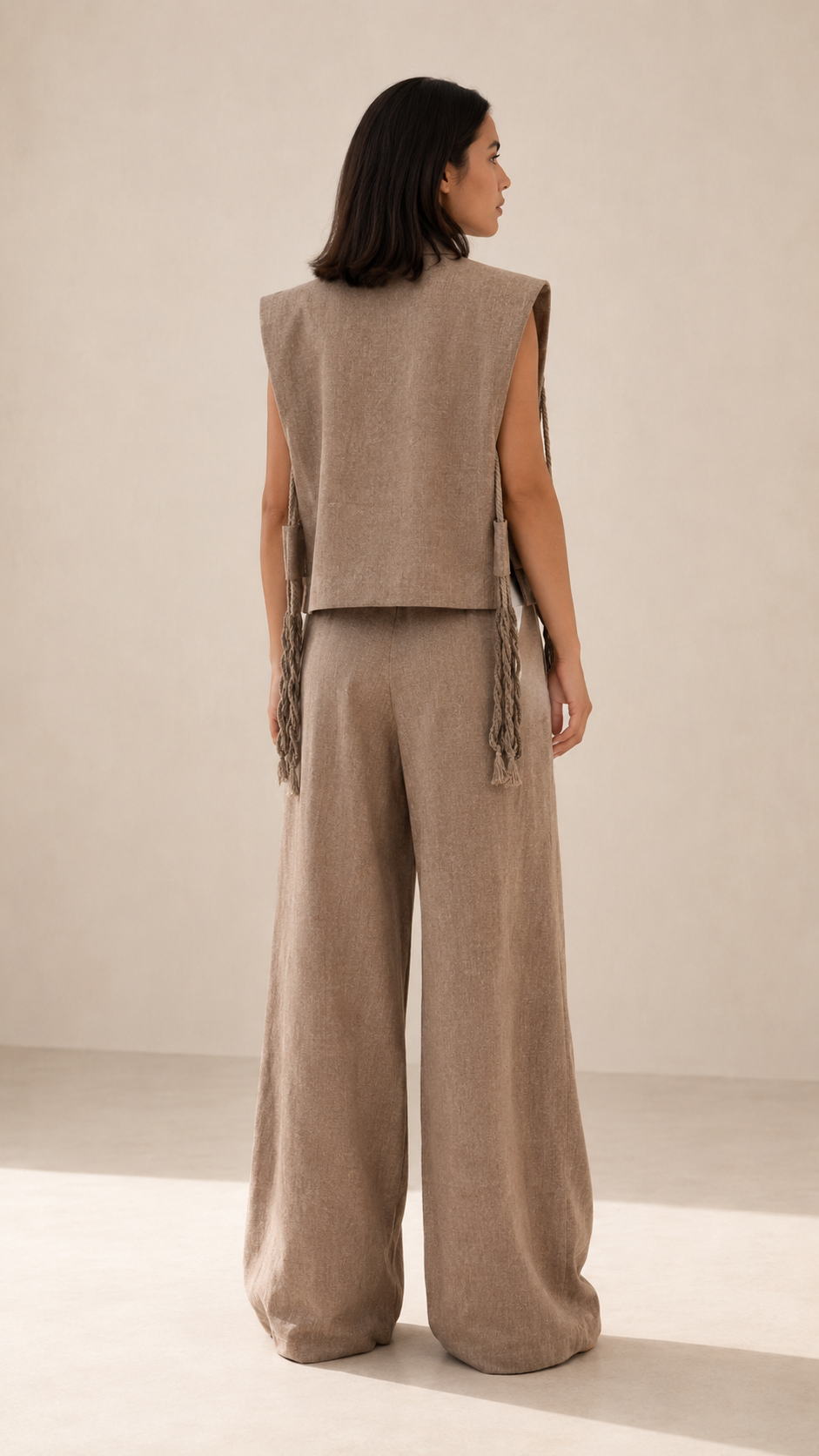 Embroidered Face Motif Vest & Wide-Leg Pants Set
