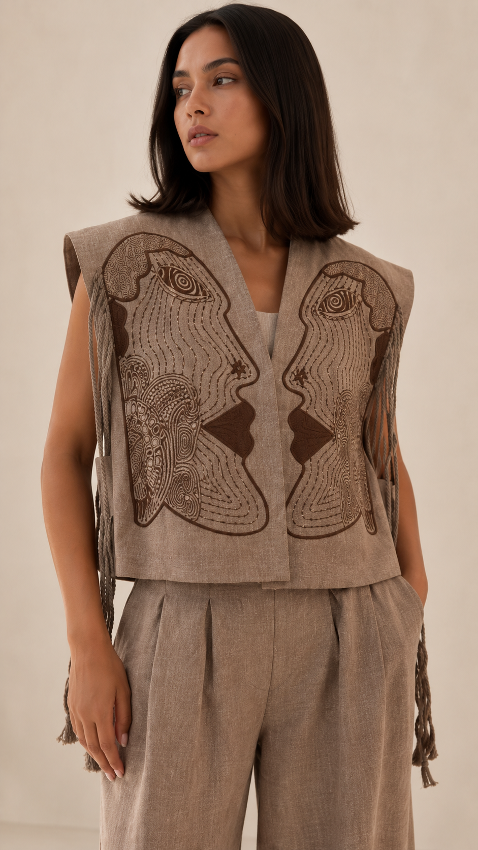 Embroidered Face Motif Vest & Wide-Leg Pants Set
