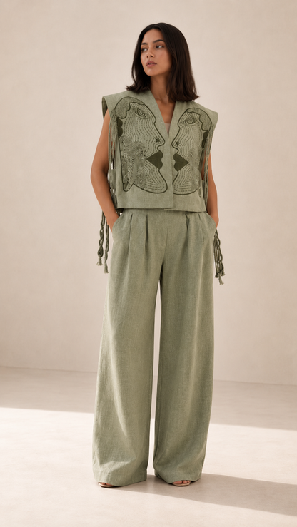 Embroidered Face Motif Vest & Wide-Leg Pants Set