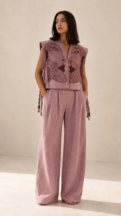 Embroidered Face Motif Vest & Wide-Leg Pants Set