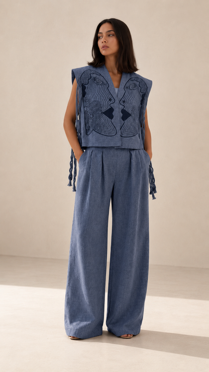 Embroidered Face Motif Vest & Wide-Leg Pants Set