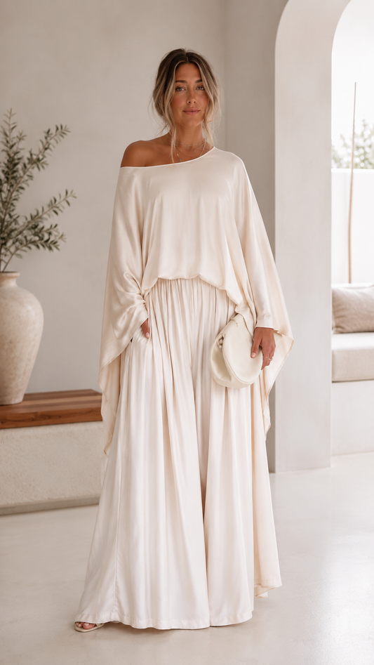 Elegant One-Shoulder Draped Top & Palazzo Pants Set
