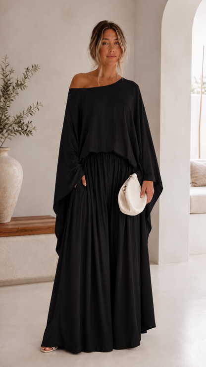 Elegant One-Shoulder Draped Top & Palazzo Pants Set