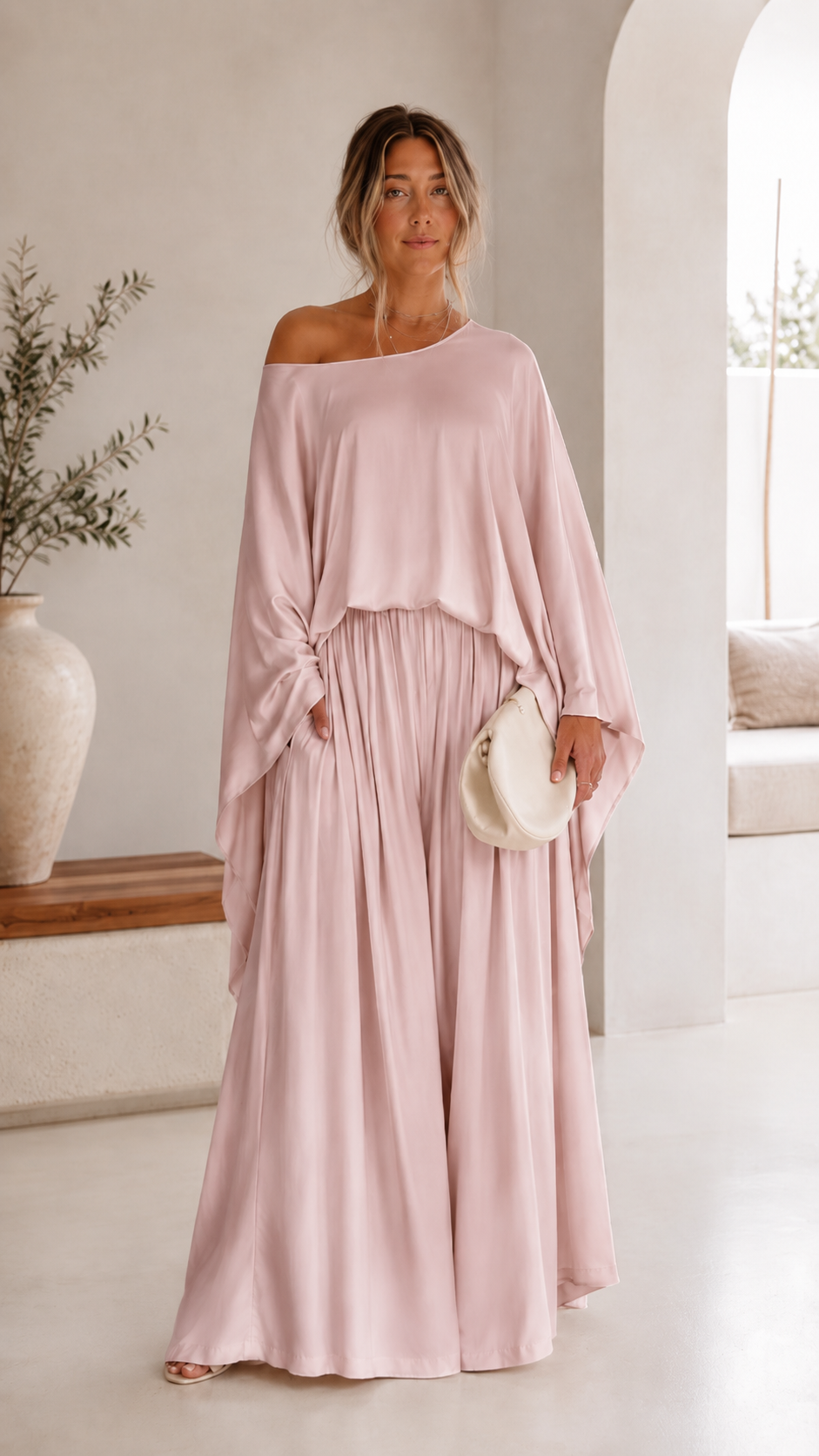 Elegant One-Shoulder Draped Top & Palazzo Pants Set