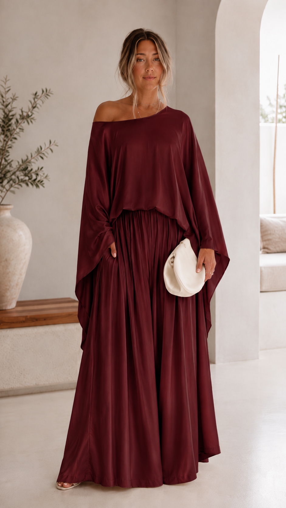 Elegant One-Shoulder Draped Top & Palazzo Pants Set