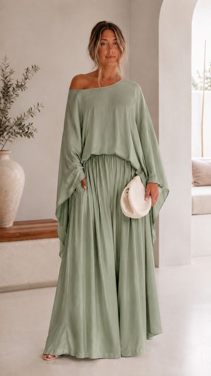 Elegant One-Shoulder Draped Top & Palazzo Pants Set