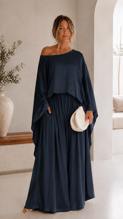 Elegant One-Shoulder Draped Top & Palazzo Pants Set