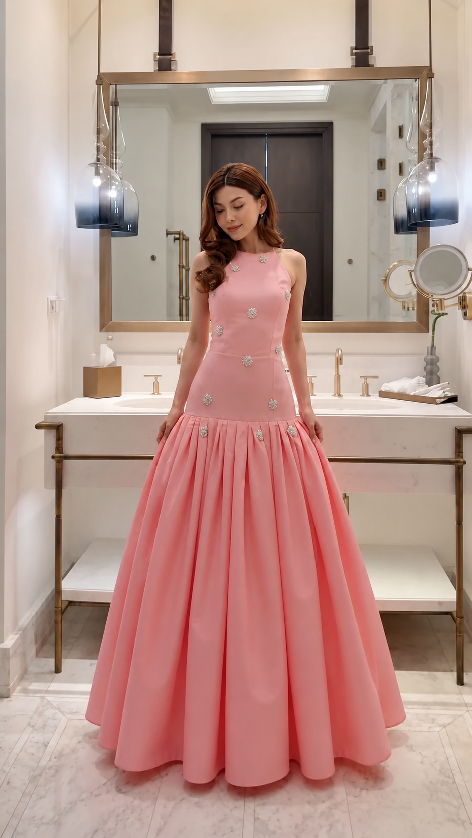 Embellished Drop-Waist Pleated Maxi Gown
