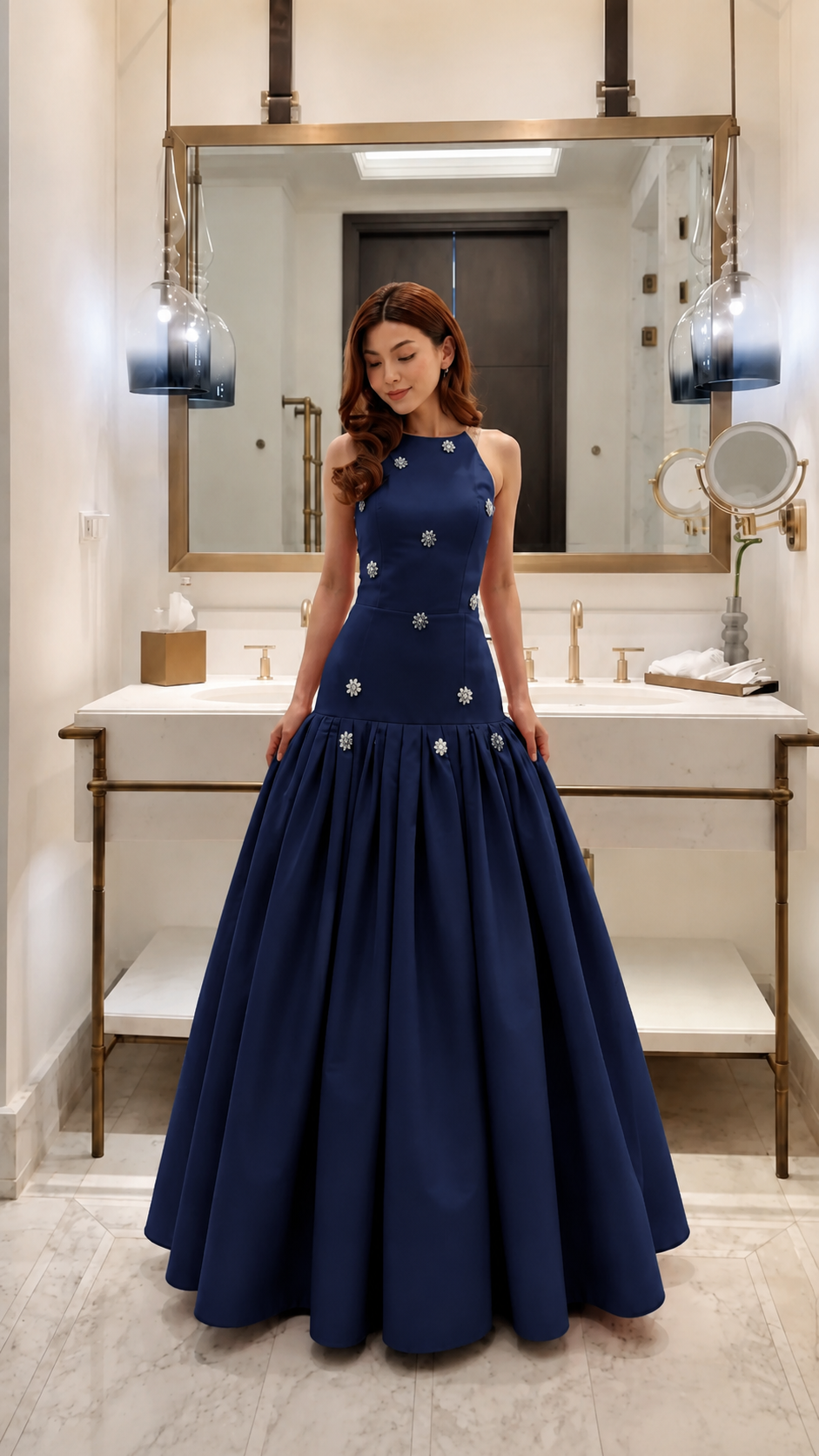 Embellished Drop-Waist Pleated Maxi Gown