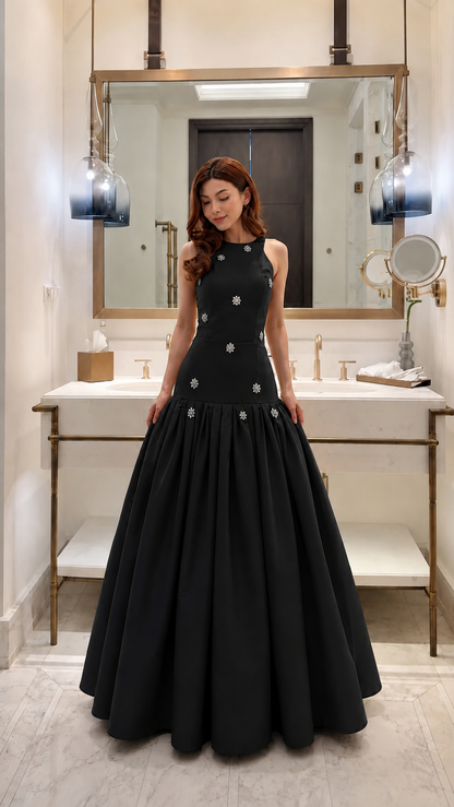 Embellished Drop-Waist Pleated Maxi Gown